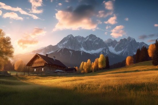 A house in a field with trees and mountains in the background