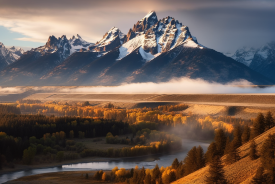 A river running through a valley with mountains in the background