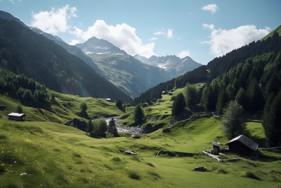 A green valley with trees and mountains