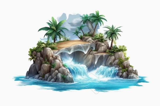 A waterfall on a rocky island
