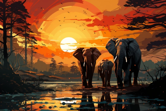 a group of elephants walking in water with a sunset