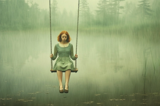 a woman sitting on a swing in a lake