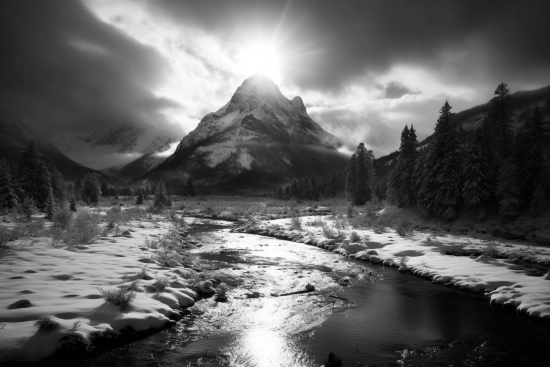 A river running through a snowy mountain