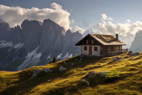 A house on a hill with mountains in the background