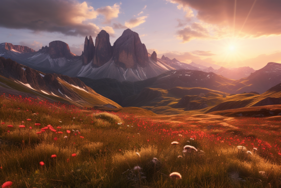 A field of flowers in front of mountains