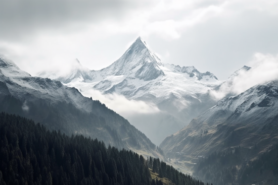 A mountain range with trees and clouds