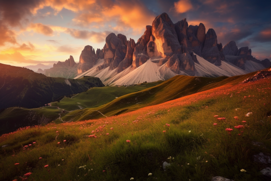 A green field with flowers and mountains in the background