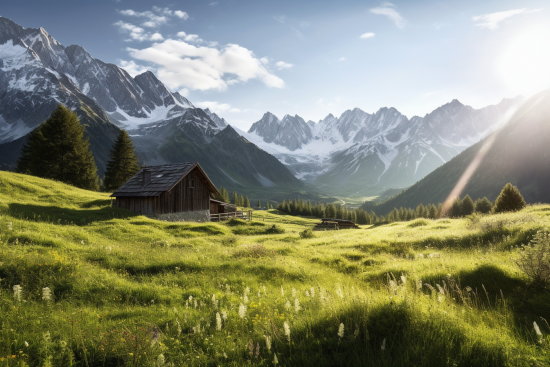 A house in a field with mountains in the background