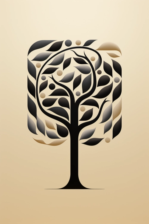 A black and white tree with leaves and dots