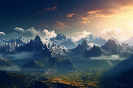 A mountain range with clouds and sun