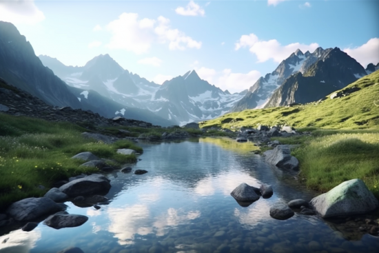 A river in a valley with mountains and grass