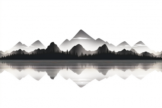 A mountain range with trees and water reflection