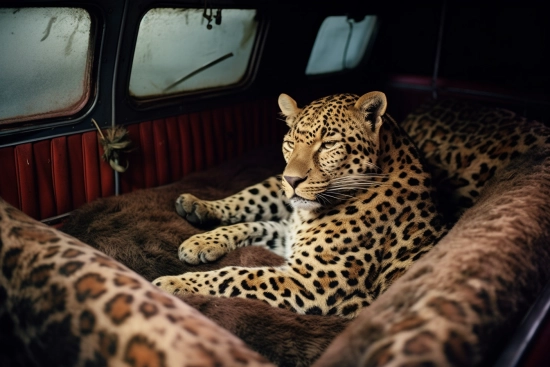 A leopard lying in a car