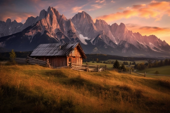 A house in a field with mountains in the background