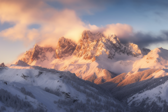 A snowy mountain tops with clouds