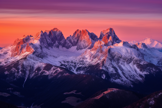 A snowy mountain tops with a pink sky