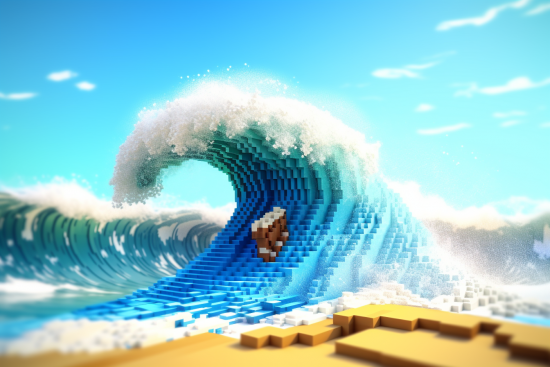 A large wave of water with a cubes and a cube object in the middle