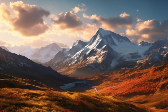 A mountain range with snow covered mountains