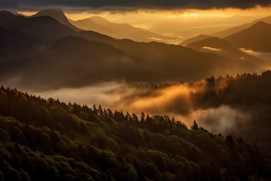 A foggy mountain range with trees and clouds
