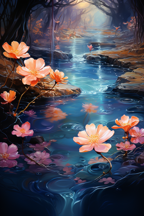 A painting of flowers in a river