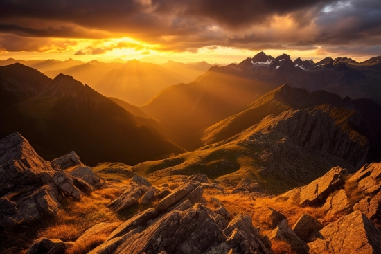 Sun shining through the clouds over mountains