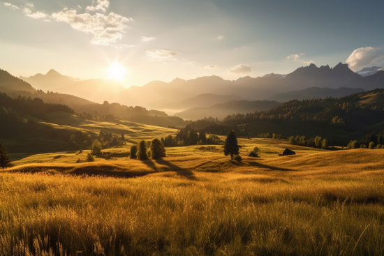 A landscape of a field with trees and mountains in the background