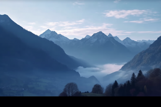 A foggy valley with mountains and trees