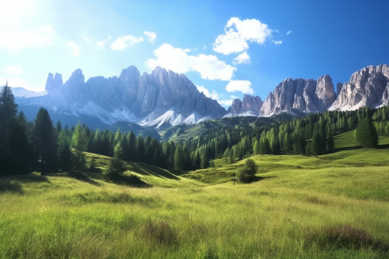 A green field with trees and mountains in the background