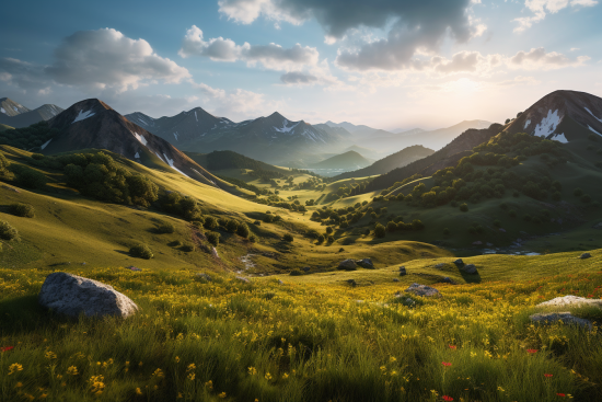 A green valley with mountains and flowers
