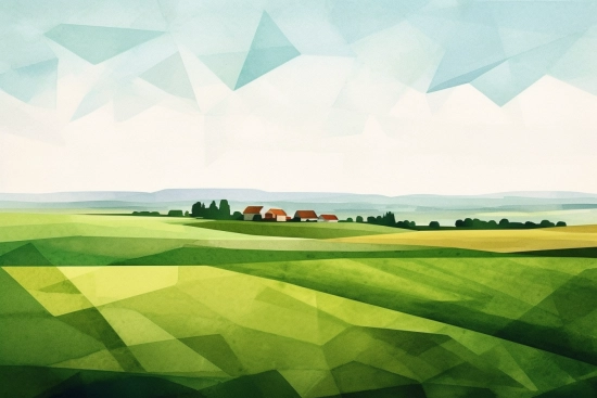 A green field with houses in the distance