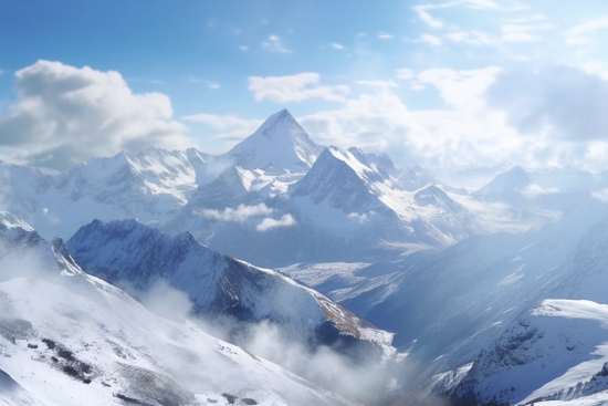 A snowy mountain tops with clouds