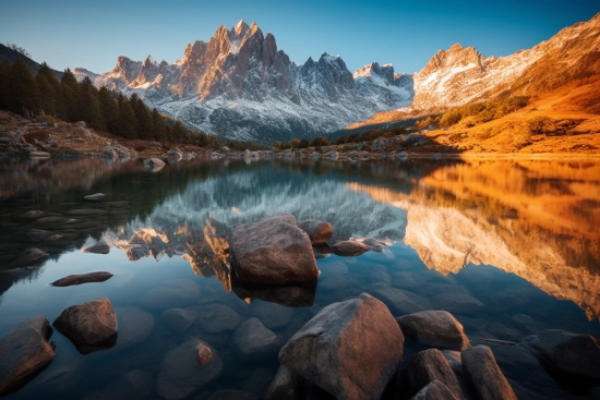 A lake with rocks and mountains in the background