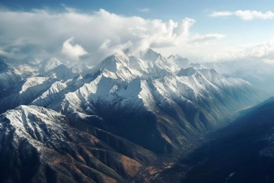 A snowy mountain tops with clouds