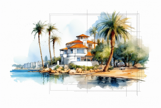 Watercolor of a house on a beach with palm trees and a body of water