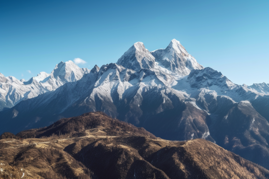 A snowy mountain tops in the distance