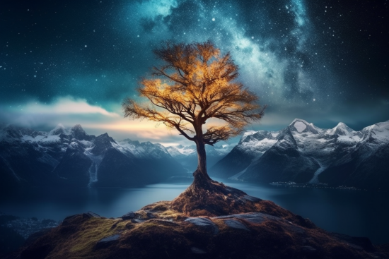 A tree on a hill with mountains and water in the background