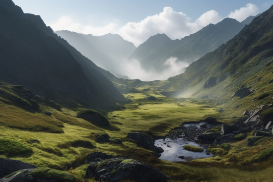 A river running through a valley with mountains and clouds