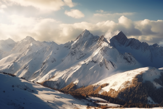 A snowy mountain range with trees