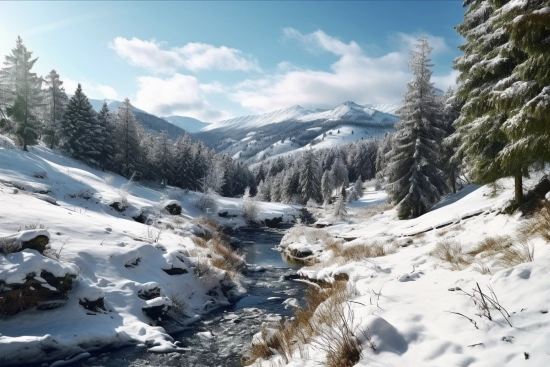 A river running through a snowy valley