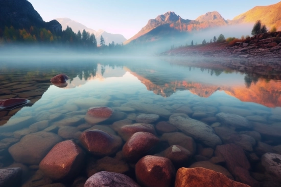 A lake with rocks and mountains in the background