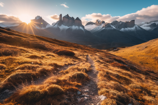 A dirt path leading to a mountain range