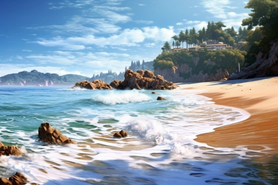 A beach with waves crashing on rocks and a house on a hill