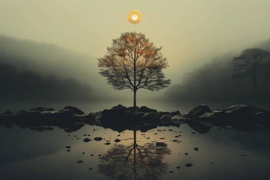 A tree on a rocky island in the middle of a foggy day