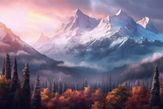 A mountain range with trees and clouds