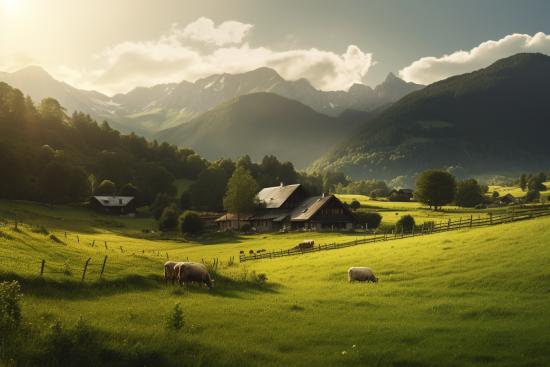 Cows grazing in a field with a house in the background