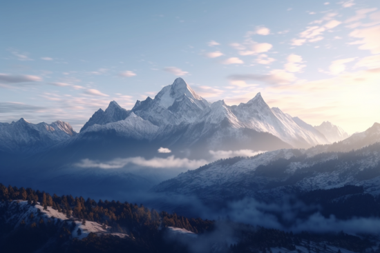 A snowy mountain range with trees and clouds