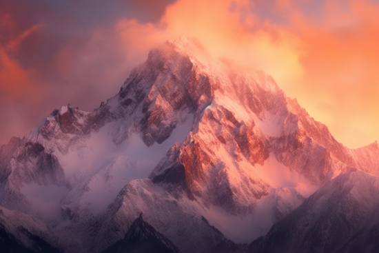 A mountain with snow and clouds