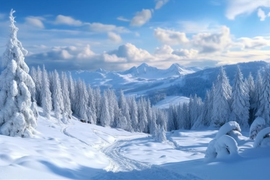 A snowy landscape with trees and mountains