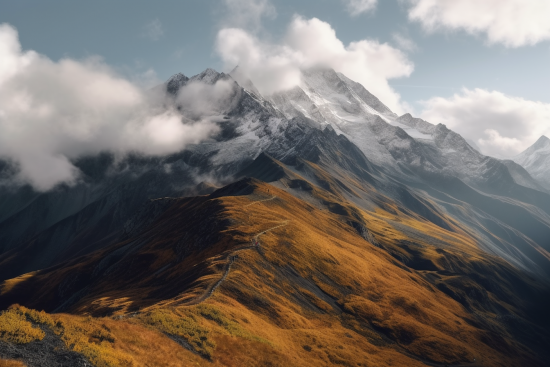 A mountain with clouds in the sky