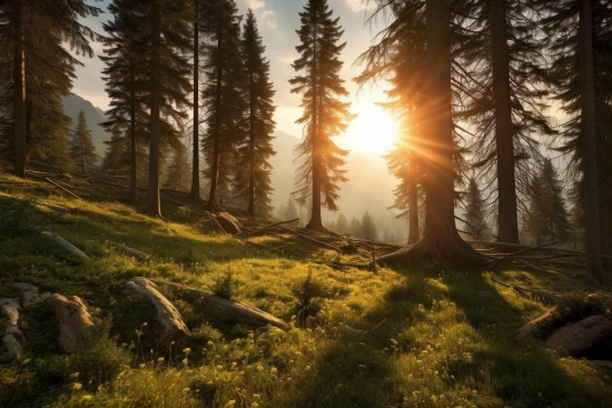 A sun shining through trees